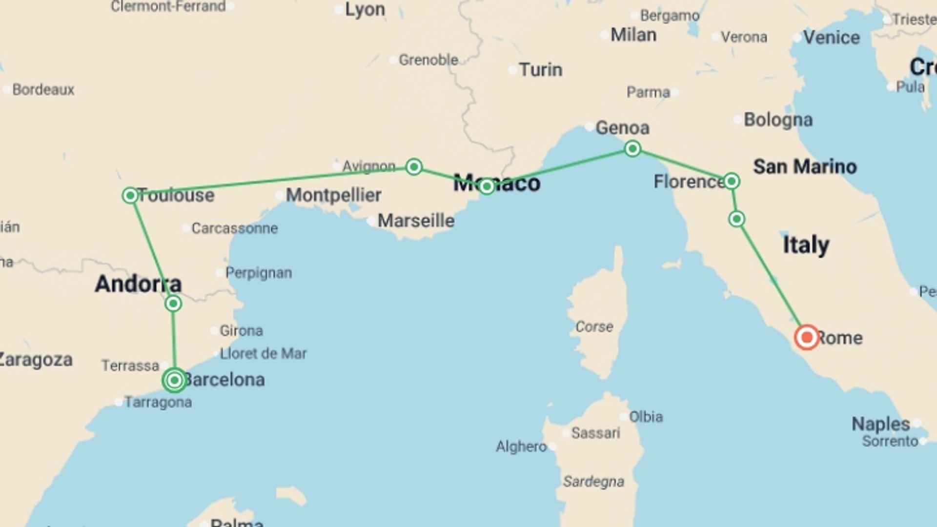 A map showing the tour itinerary for the trip: Barcelona to Rome, starting in Barcelona, Spain and ending in Rome, Italy going through 7 other destinations.