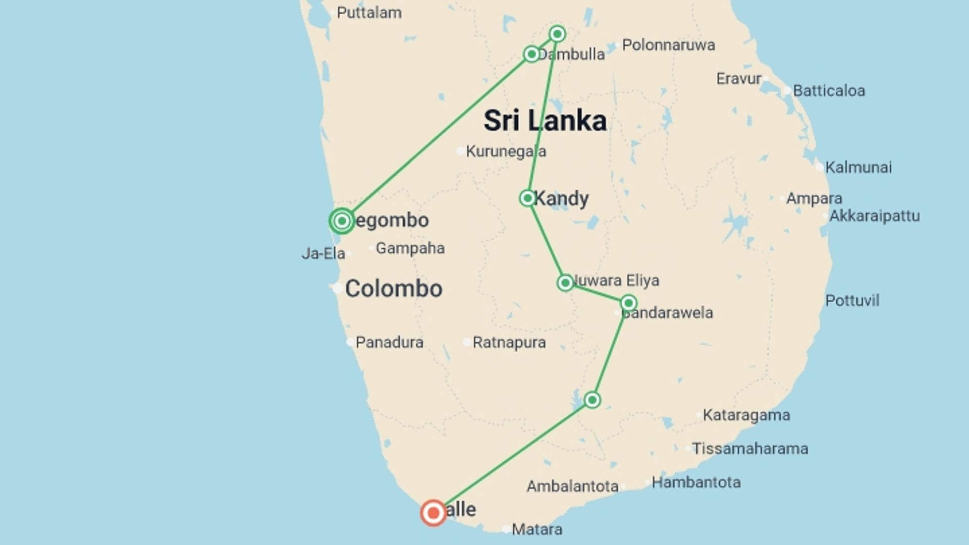 A map showing the tour itinerary for the trip: Sri Lanka Uncovered, starting in Negombo, Sri Lanka and ending in Unawatuna, Sri Lanka going through 6 other destinations.