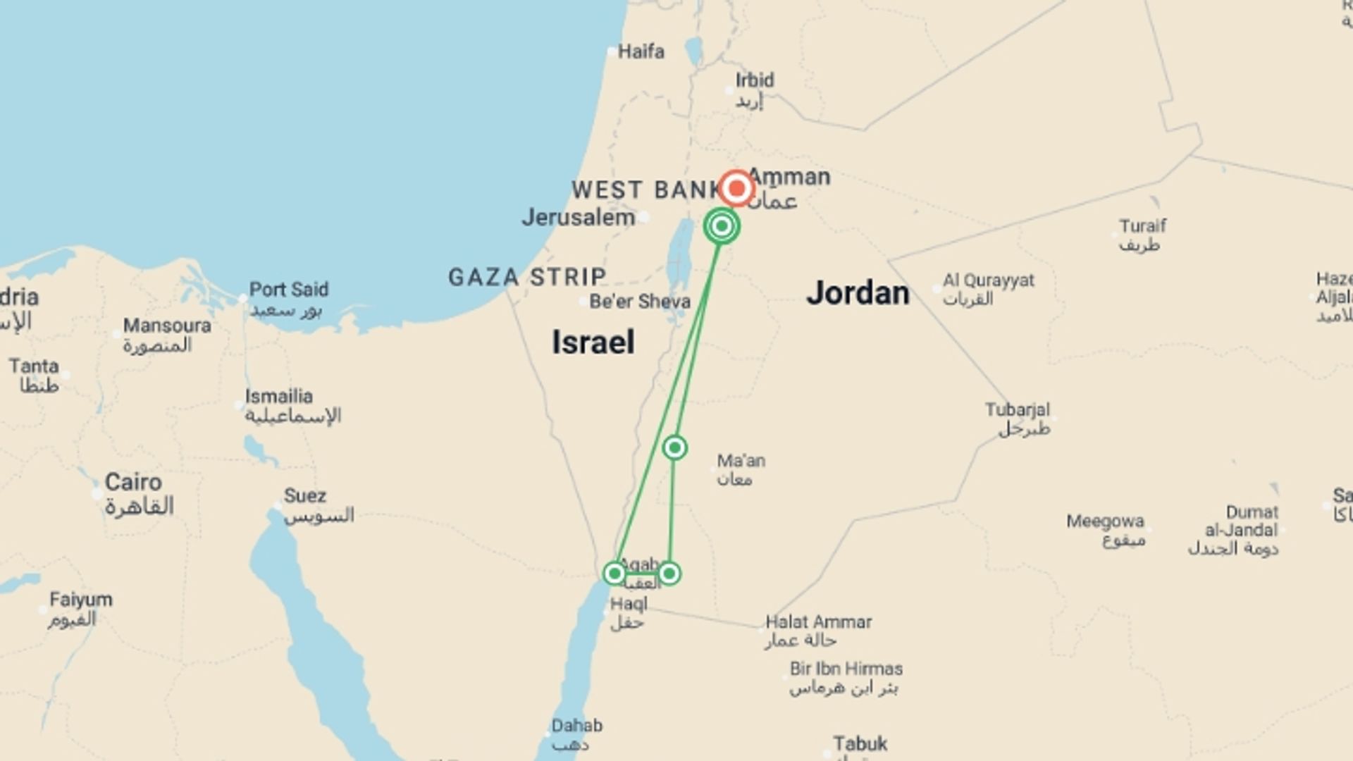 A map showing the tour itinerary for the trip: Cycle Jordan, starting in Madaba, Jordan and ending in Amman, Jordan going through 5 other destinations.