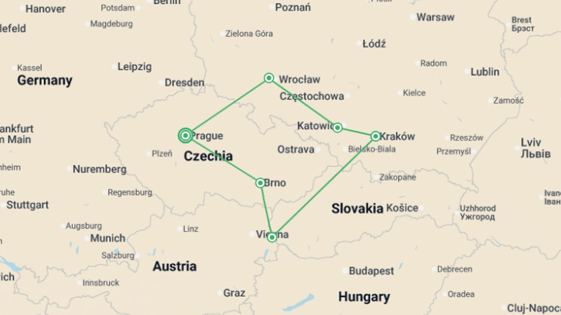 A map showing the tour itinerary for the trip: Czech Republic and Poland Highlights, Ending in Prague, starting in Prague, Czech Republic and ending in Prague, Czech Republic going through 3 other destinations.