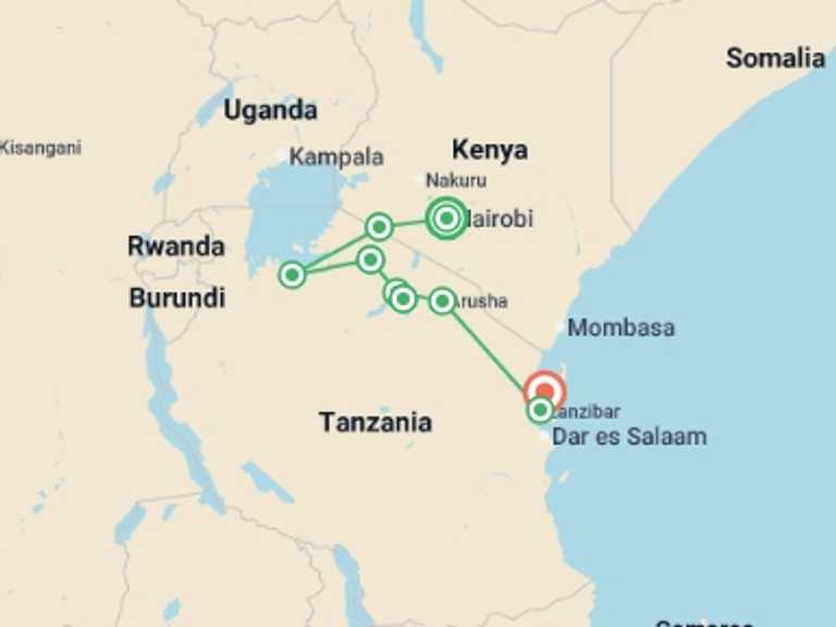 Map of 13-Day Nairobi Tour with 8 destination visits for the trip: East Africa Safari & Coast