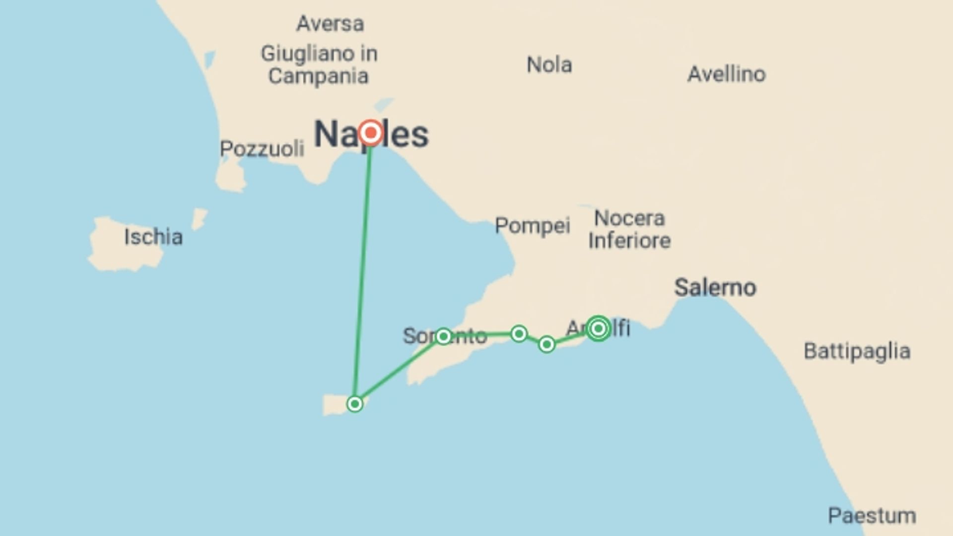 A map showing the tour itinerary for the trip: Classic Amalfi Coast - 11 Days, starting in Amalfi, Italy and ending in Naples, Italy going through 5 other destinations.