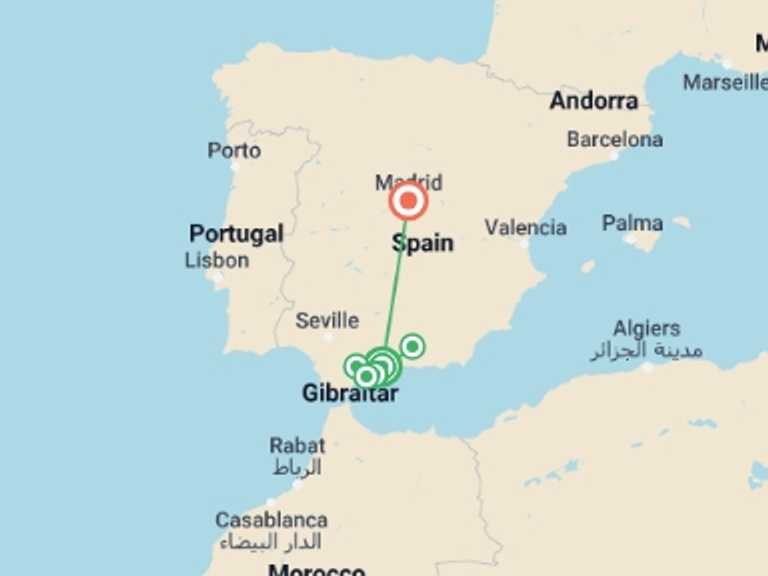 Map itinerary of Spain Tour in February 2026 with 2 destination visits for the trip: Spain's Costa del Sol & Madrid 
