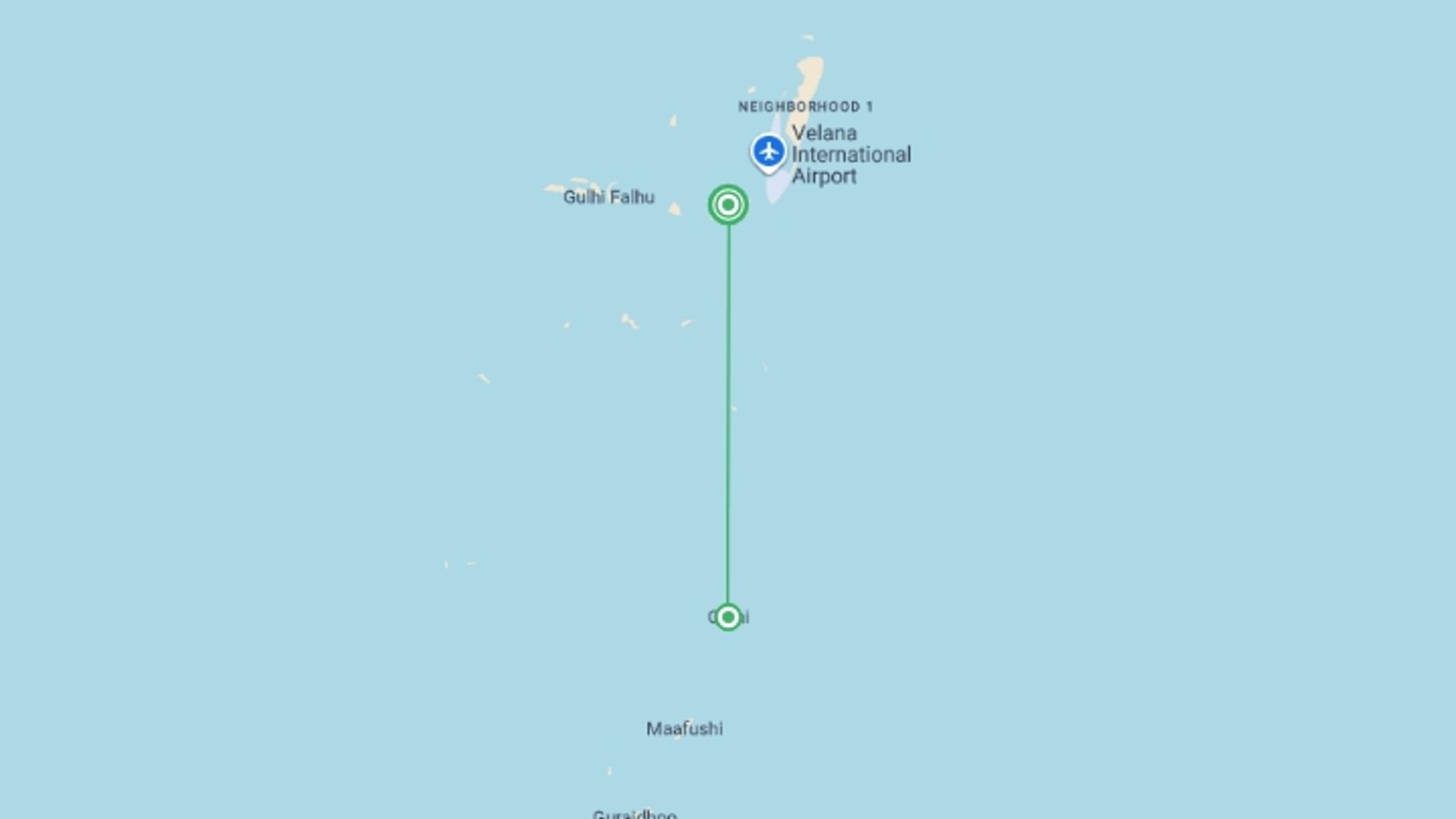 A map showing the tour itinerary for the trip: Maldives Gulhi Explorer - 5 days, starting in Male, Maldives and ending in Male, Maldives going through 1 other destinations.