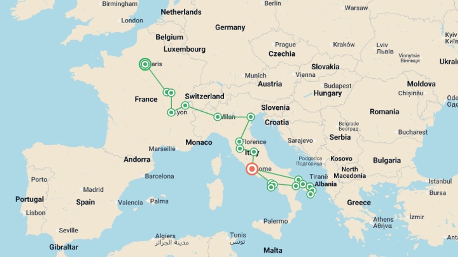 A map showing the tour itinerary for the trip: France and Unique Italy, starting in Paris, France and ending in Rome, Italy going through 7 other destinations.