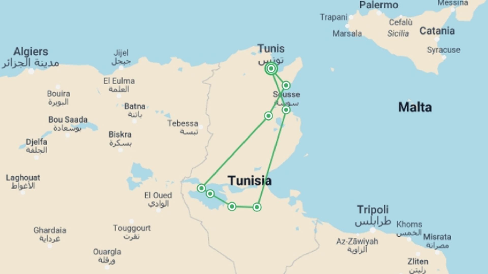 A map showing the tour itinerary for the trip: Picturesque Solo Tunisia Tour, starting in Tunis, Tunisia and ending in Tunis, Tunisia going through 4 other destinations.