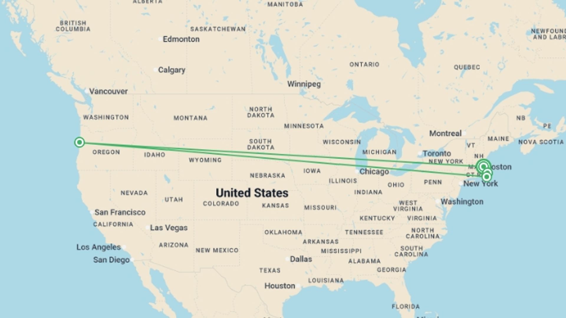 A map showing the tour itinerary for the trip: Treasures of Cape Cod & the Islands, starting in Boston, USA and ending in Boston, USA going through 3 other destinations.