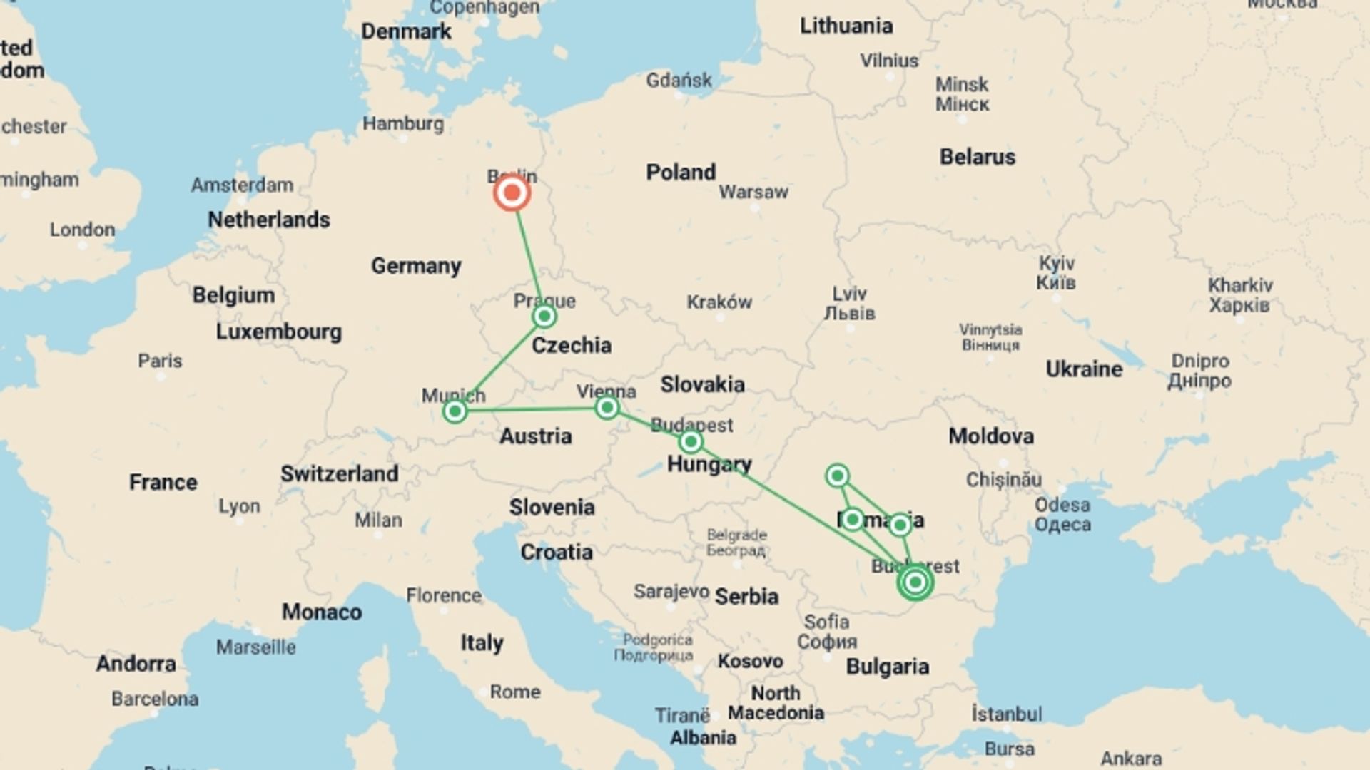 A map showing the tour itinerary for the trip: Best of Eastern & Central Europe (4 Star Hotels), starting in Bucharest, Romania and ending in undefined, Germany going through 6 other destinations.