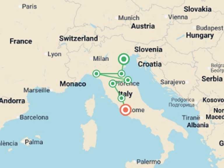 Map itinerary of Italy Tour in February 2027 with 6 destination visits for the trip: Best of Italy 
