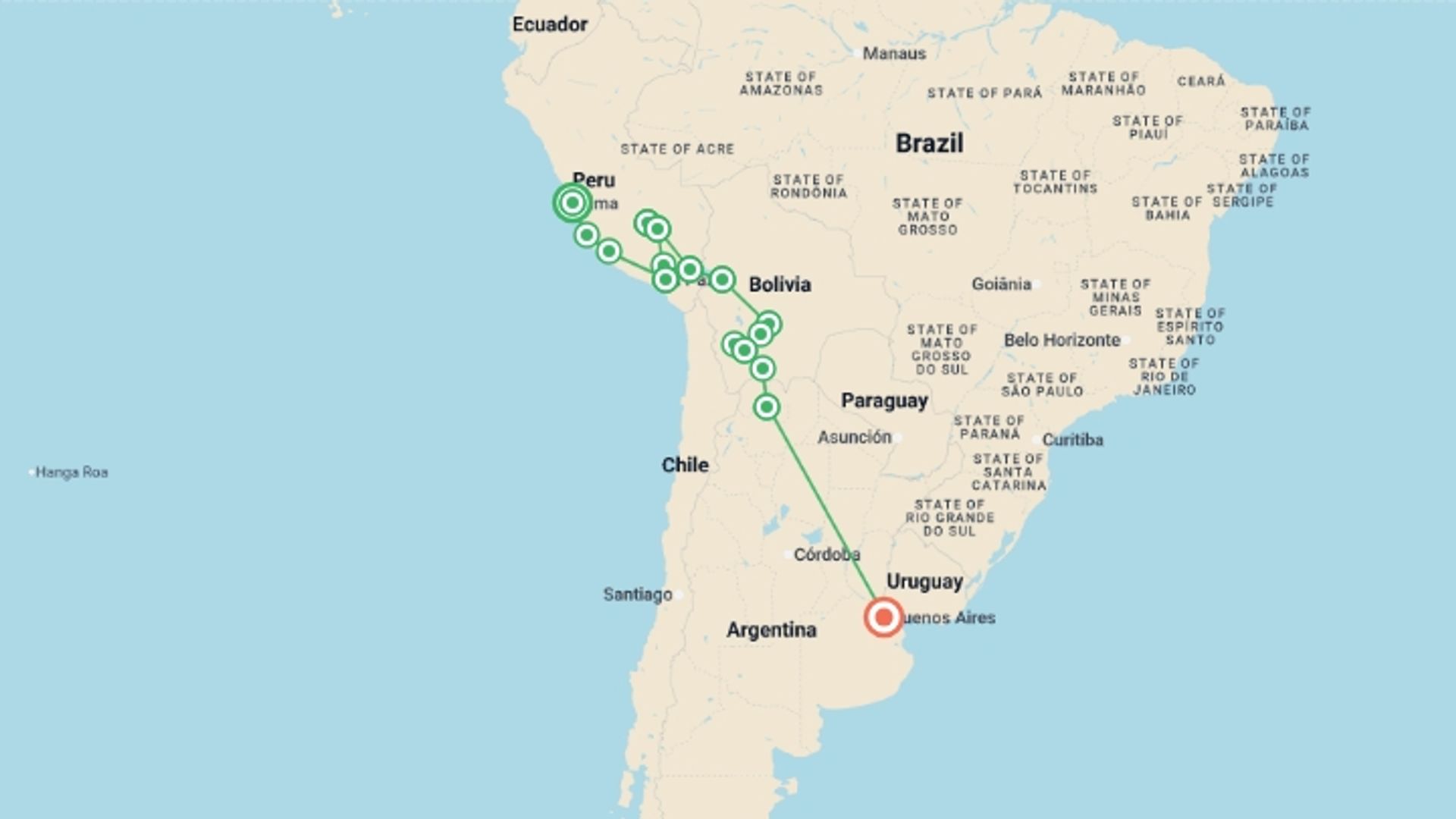 A map showing the tour itinerary for the trip: Peru, Bolivia & Argentina Adventure, starting in Lima, Peru and ending in Buenos Aires, Argentina going through 14 other destinations.