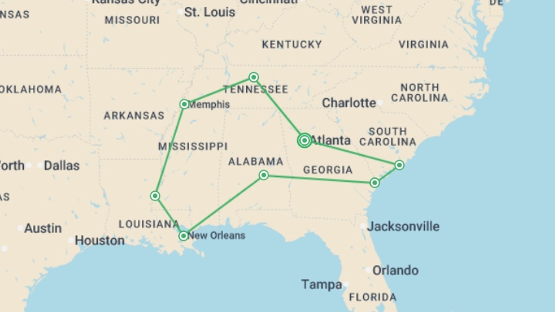A map showing the tour itinerary for the trip: The American South, starting in Atlanta, USA and ending in Atlanta, USA going through 7 other destinations.