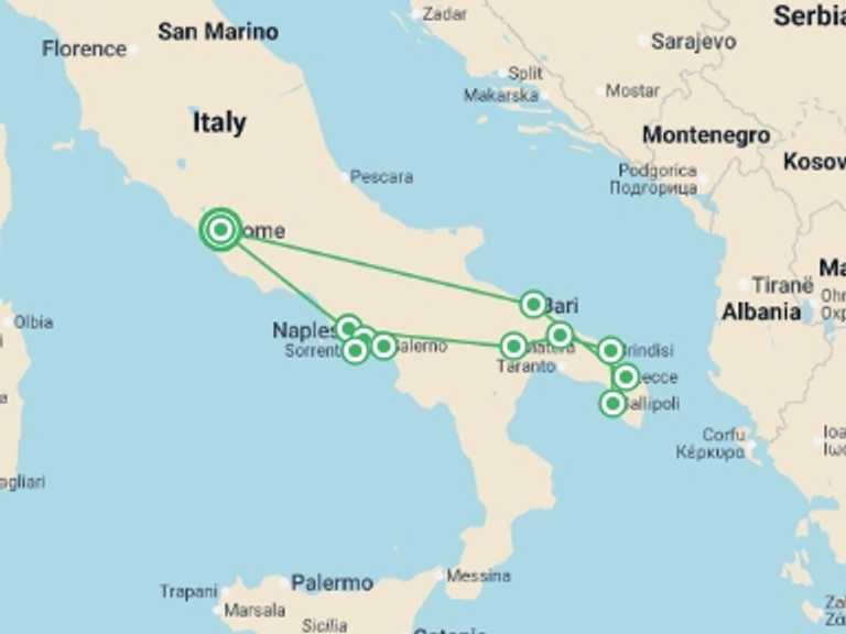Map of 6-Day Italy Tour with 5 destination visits for the trip: Beautiful Puglia and Campania