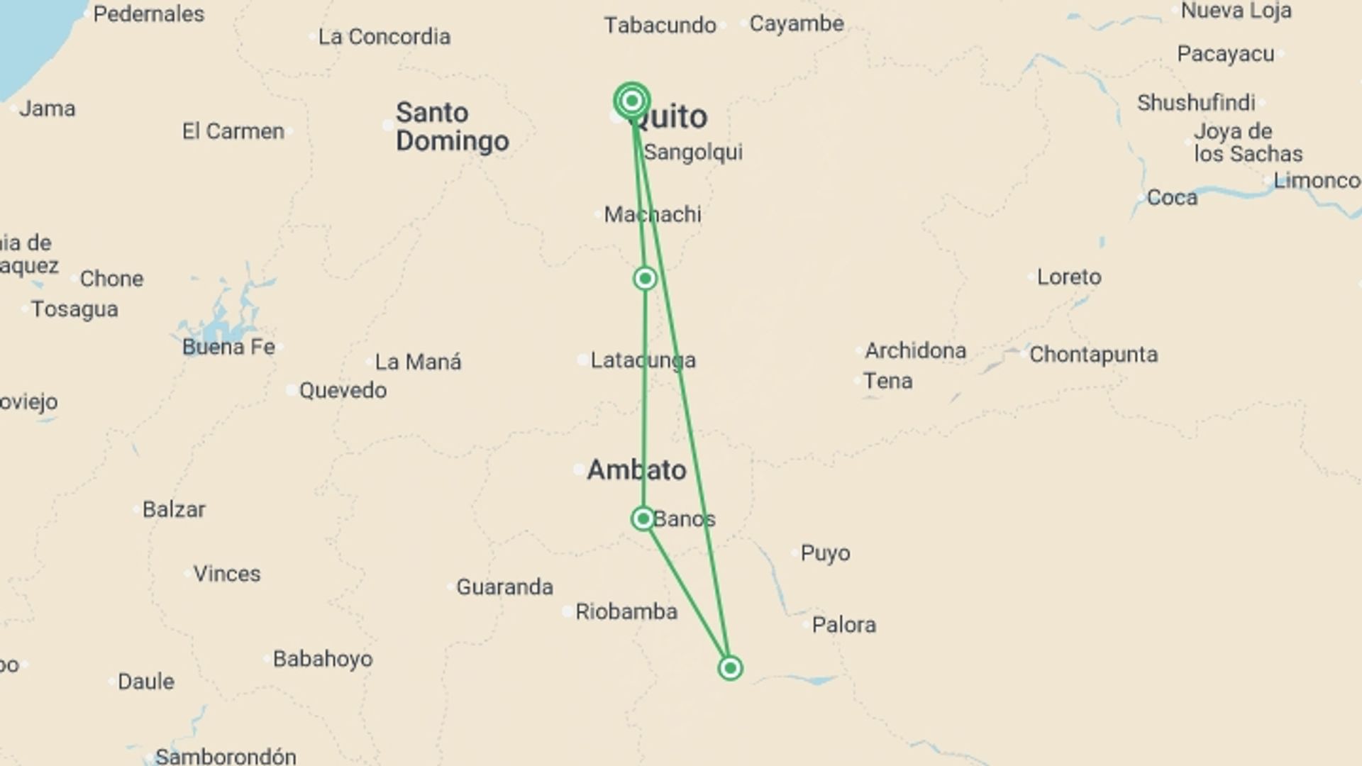A map showing the tour itinerary for the trip: Premium Ecuador, starting in Quito, Ecuador and ending in Quito, Ecuador going through 3 other destinations.