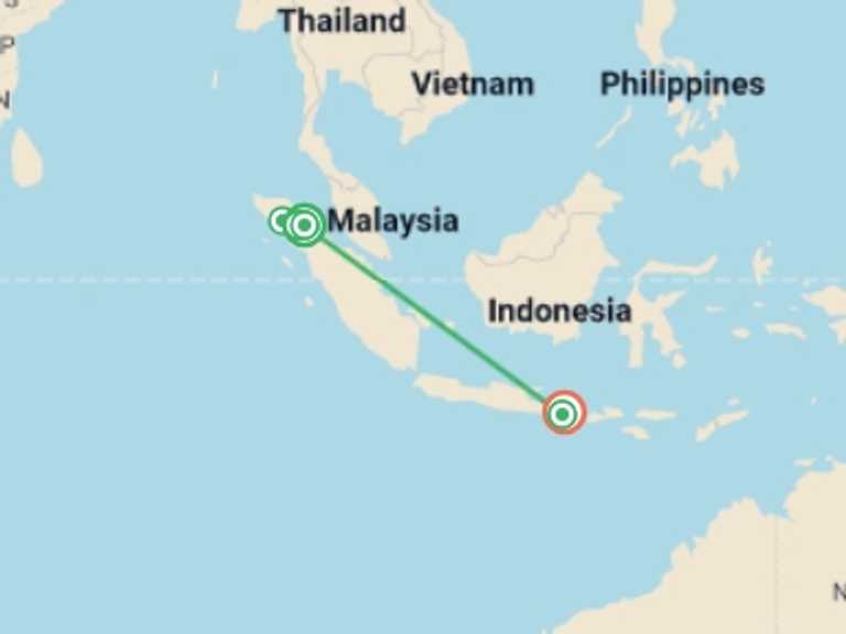 Map itinerary of Indonesia Tour in July 2027 with 7 destination visits for the trip: Sumatra to Bali: Wildlife, Waves & Wilderness