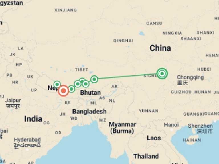 Map of a Explorer Tour with 8 destination visits for the trip: Essential Tibet