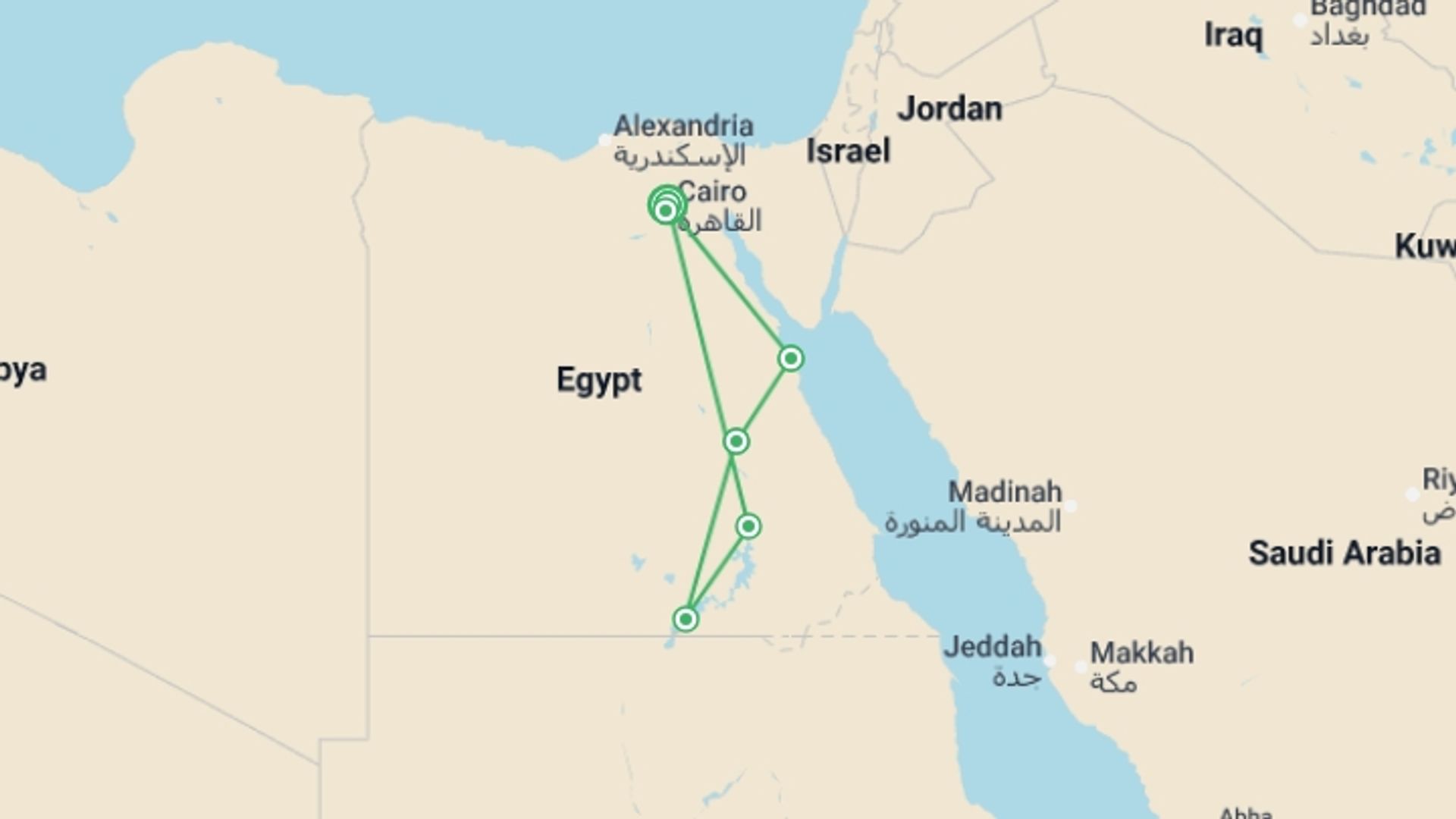 A map showing the tour itinerary for the trip: Egypt Nile Adventure with Felucca Cruise, starting in cairo airport, Egypt and ending in Cairo, Egypt going through 4 other destinations.