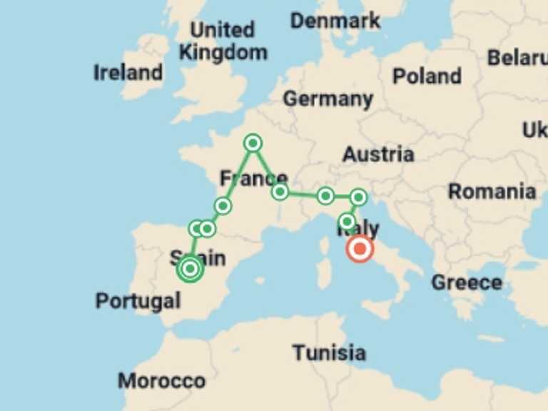 Map of 16-Day Madrid Tour with 10 destination visits for the trip: Madrid, Basque Country, Paris and Italy