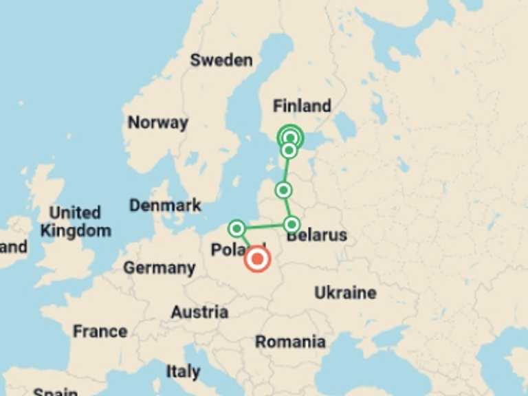 Map of Europe Explorer Tour with 6 destination visits for the trip: Helsinki to Warsaw New Year