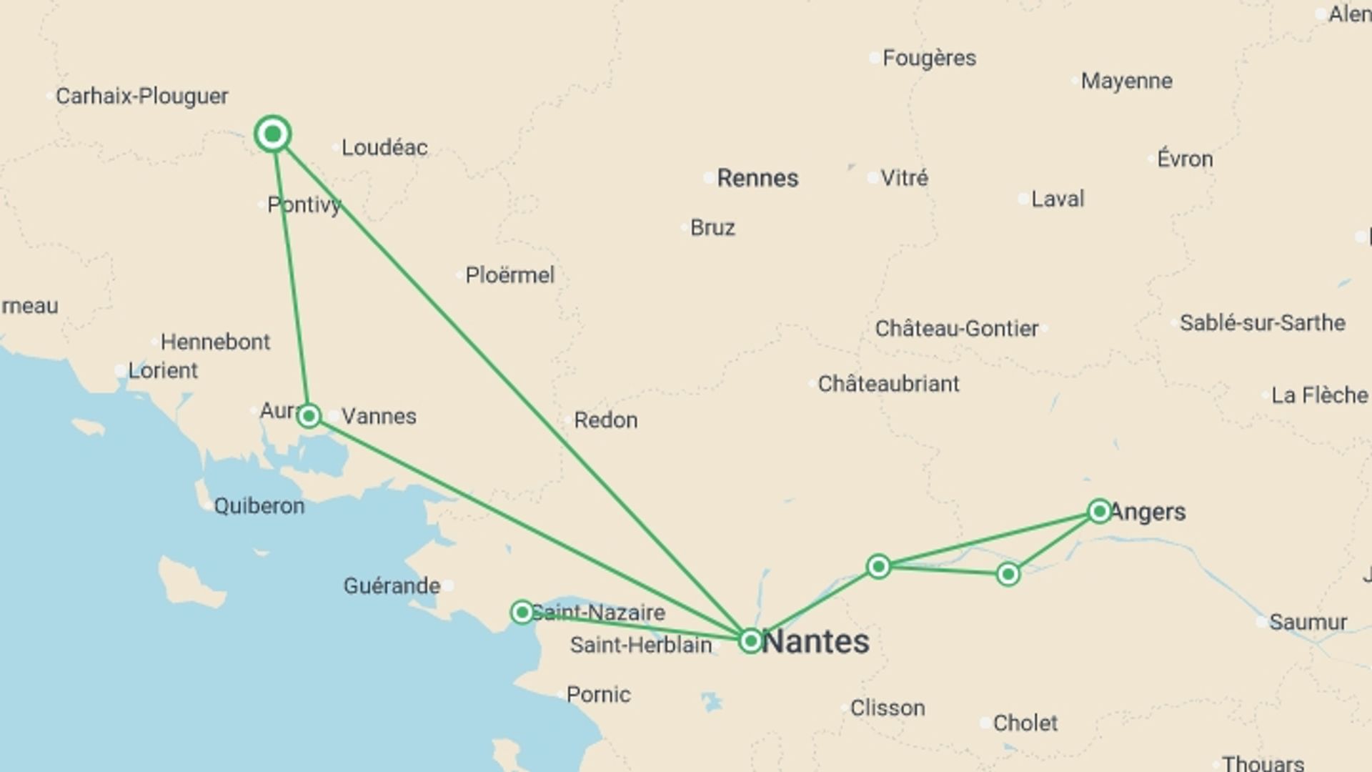 A map showing the tour itinerary for the trip: Beautiful Brittany and Royal Opulence in the Loire (port-to-port cruise), starting in Brittany, France and ending in Brittany, France going through 5 other destinations.