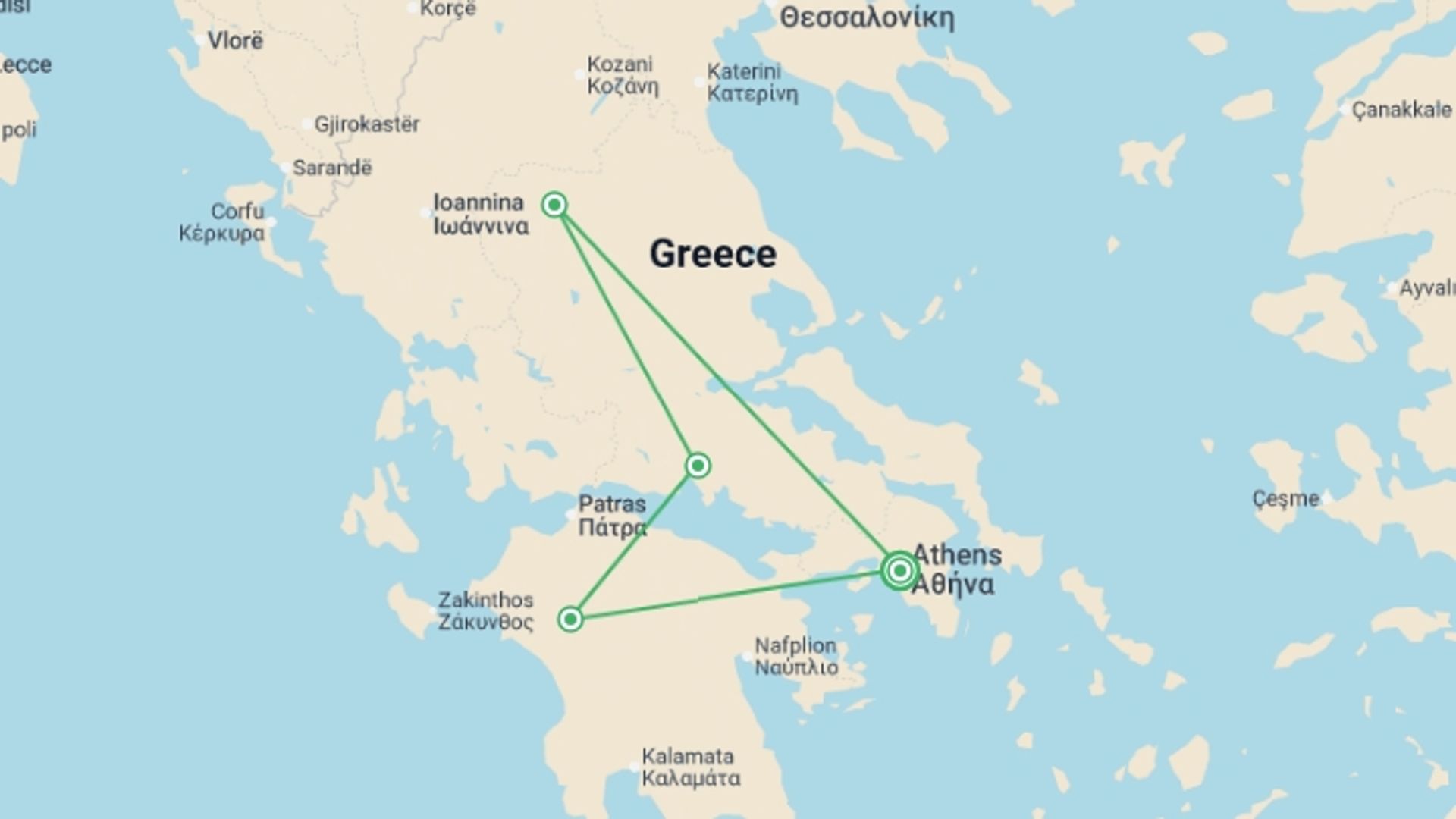A map showing the tour itinerary for the trip: Ancient Greece Adventure 4D/3N, starting in Athens, Greece and ending in Athens, Greece going through 3 other destinations.