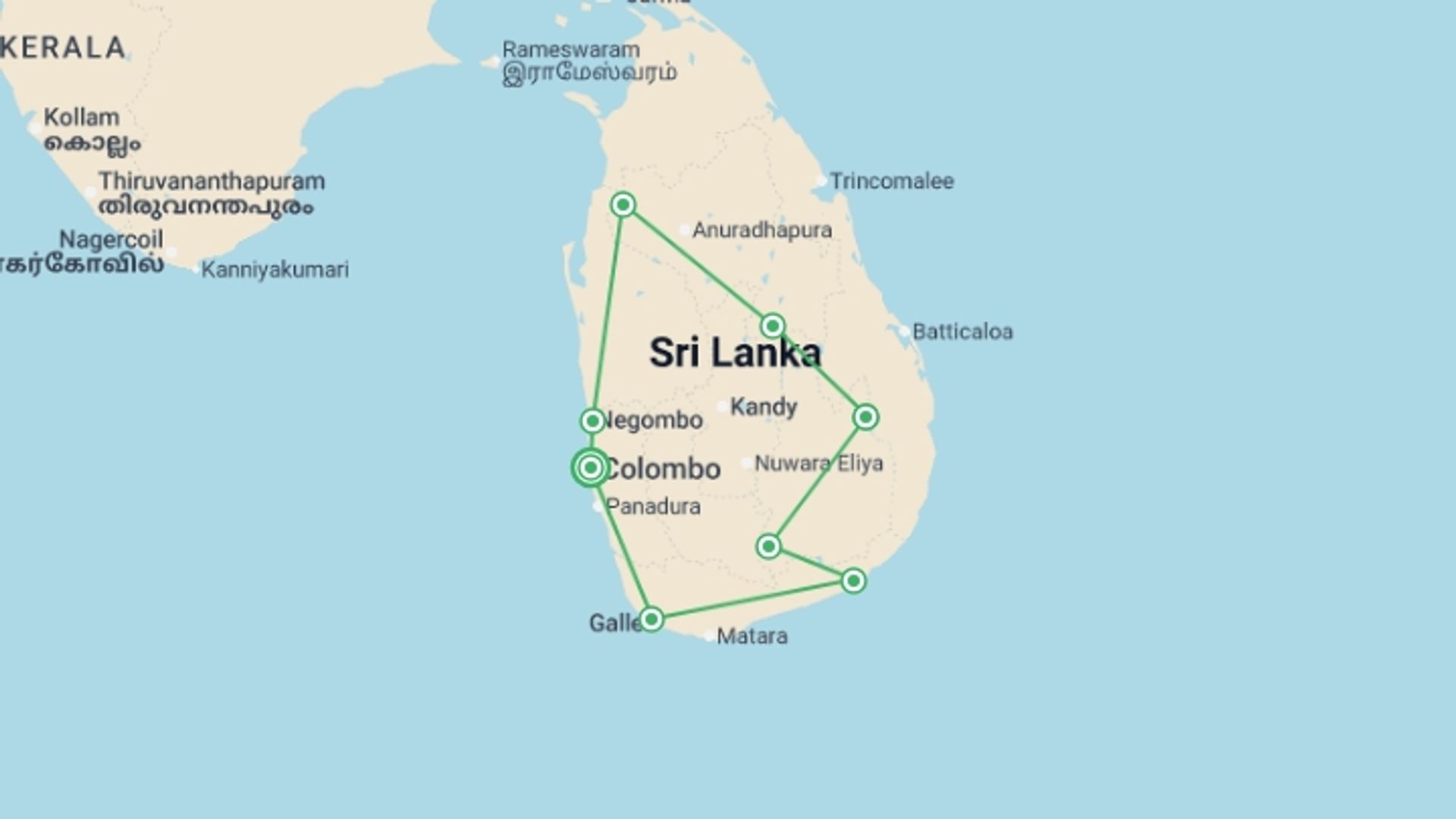 A map showing the tour itinerary for the trip: Safari in Sri Lanka - 9 days, starting in Colombo, Sri Lanka and ending in Colombo, Sri Lanka going through 7 other destinations.