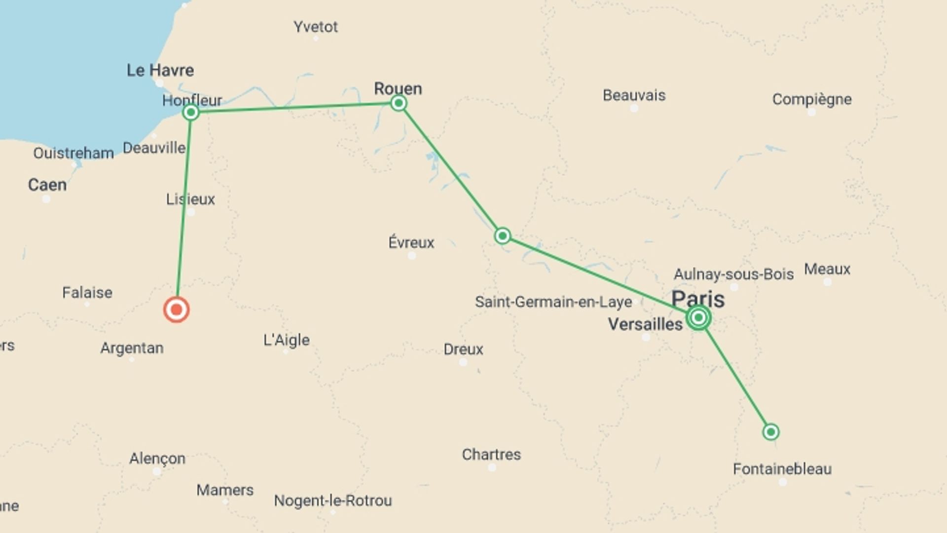 A map showing the tour itinerary for the trip: French Impressionism Along the Banks of the Seine (port-to-port cruise), starting in Paris, France and ending in Normandy, France going through 4 other destinations.
