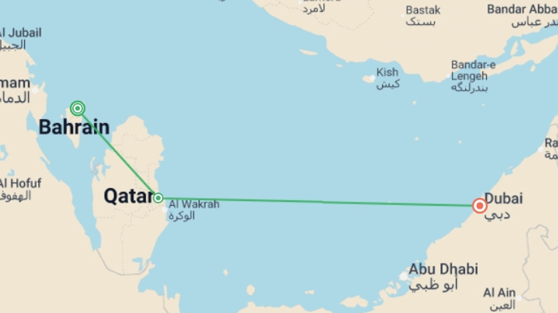 A map showing the tour itinerary for the trip: Bahrain, Qatar and Dubai, starting in Manama, Bahrain and ending in Dubai, UAE going through 1 other destinations.