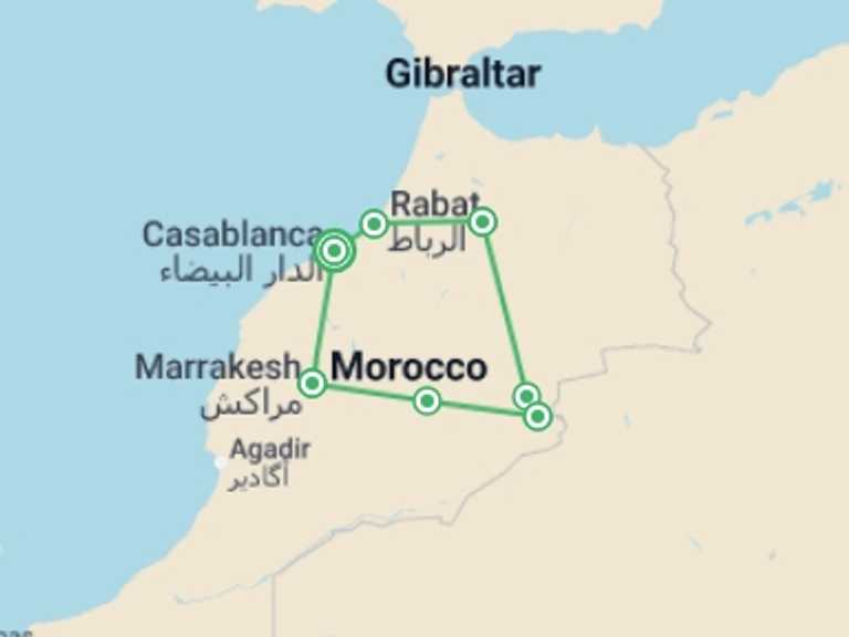 Map itinerary of Africa Tour in April 2027 with 7 destination visits for the trip: Colors of Morocco 