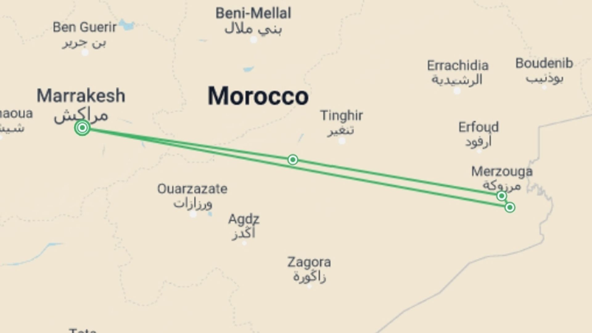 A map showing the tour itinerary for the trip: Morocco Sahara Tour - 4 Days Private Tour from Marrakech, starting in Marrakech, Morocco and ending in Marrakech, Morocco going through 4 other destinations.