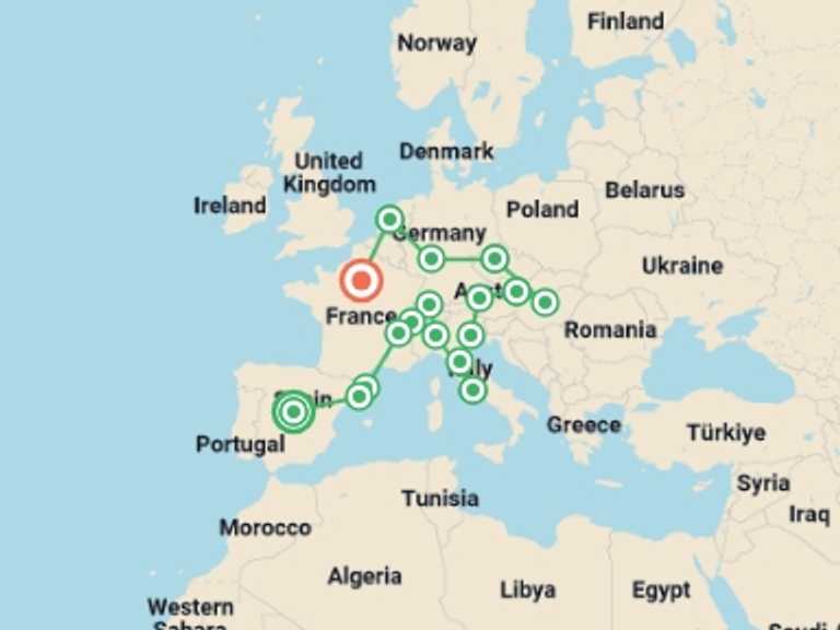 Map itinerary of Mediterranean Tour in October 2026 with 17 destination visits for the trip: Great Discovery