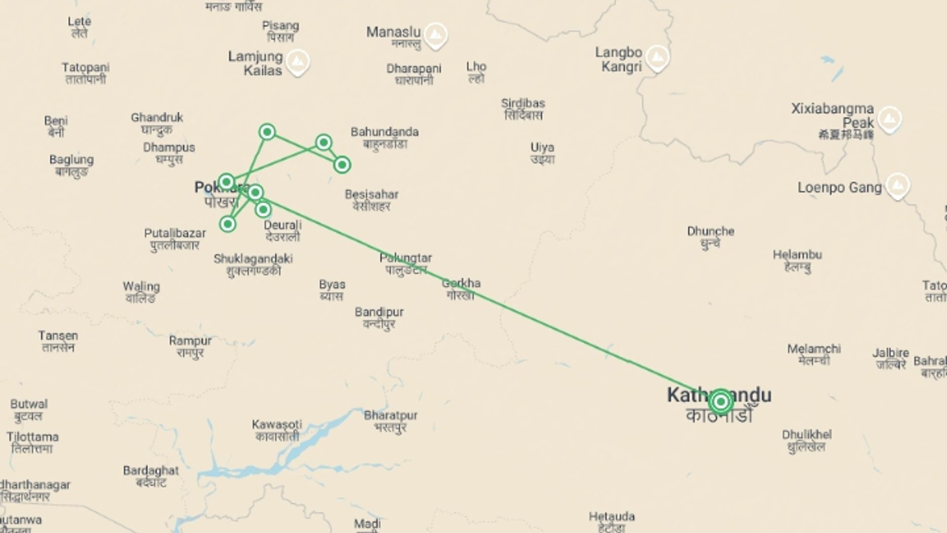 A map showing the tour itinerary for the trip: Trek to Siklis: 11 Days, starting in Kathmandu, Nepal and ending in Kathmandu, Nepal going through 5 other destinations.