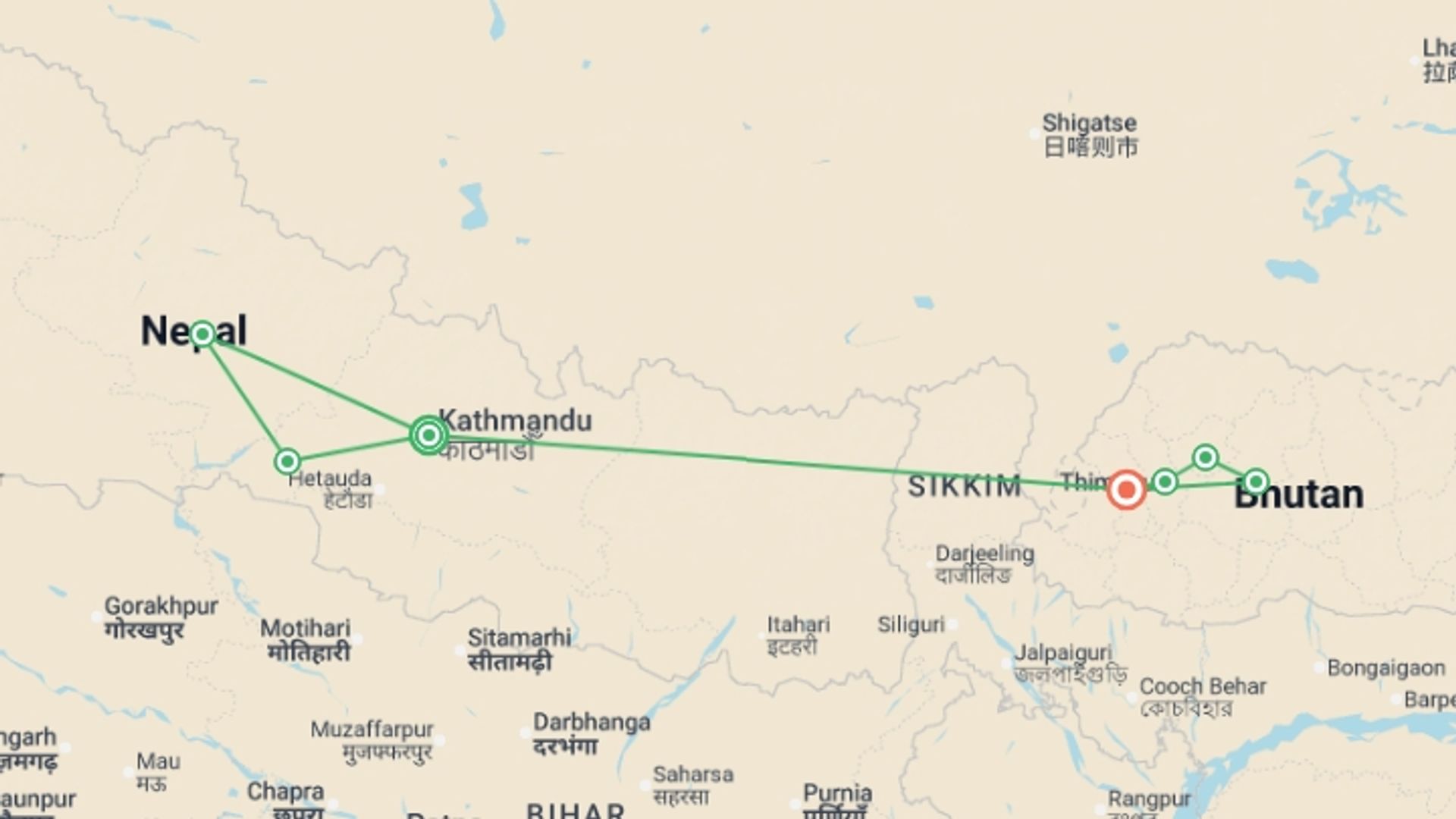 A map showing the tour itinerary for the trip: Premium Nepal & Bhutan, starting in Kathmandu, Nepal and ending in Paro, Bhutan going through 5 other destinations.