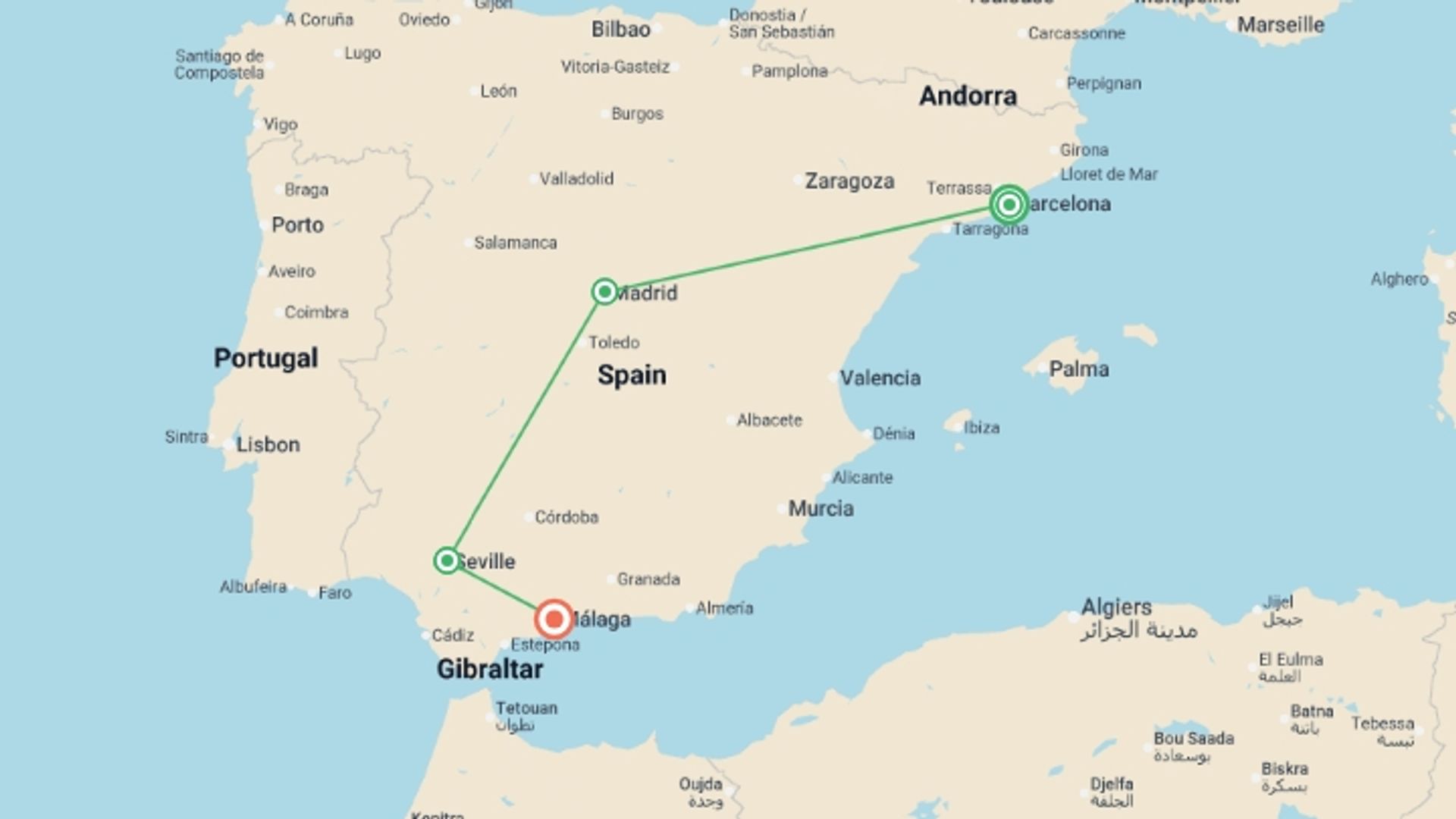 A map showing the tour itinerary for the trip: Highlights of Spain by Rail, starting in Barcelona, Spain and ending in Malaga, Spain going through 2 other destinations.