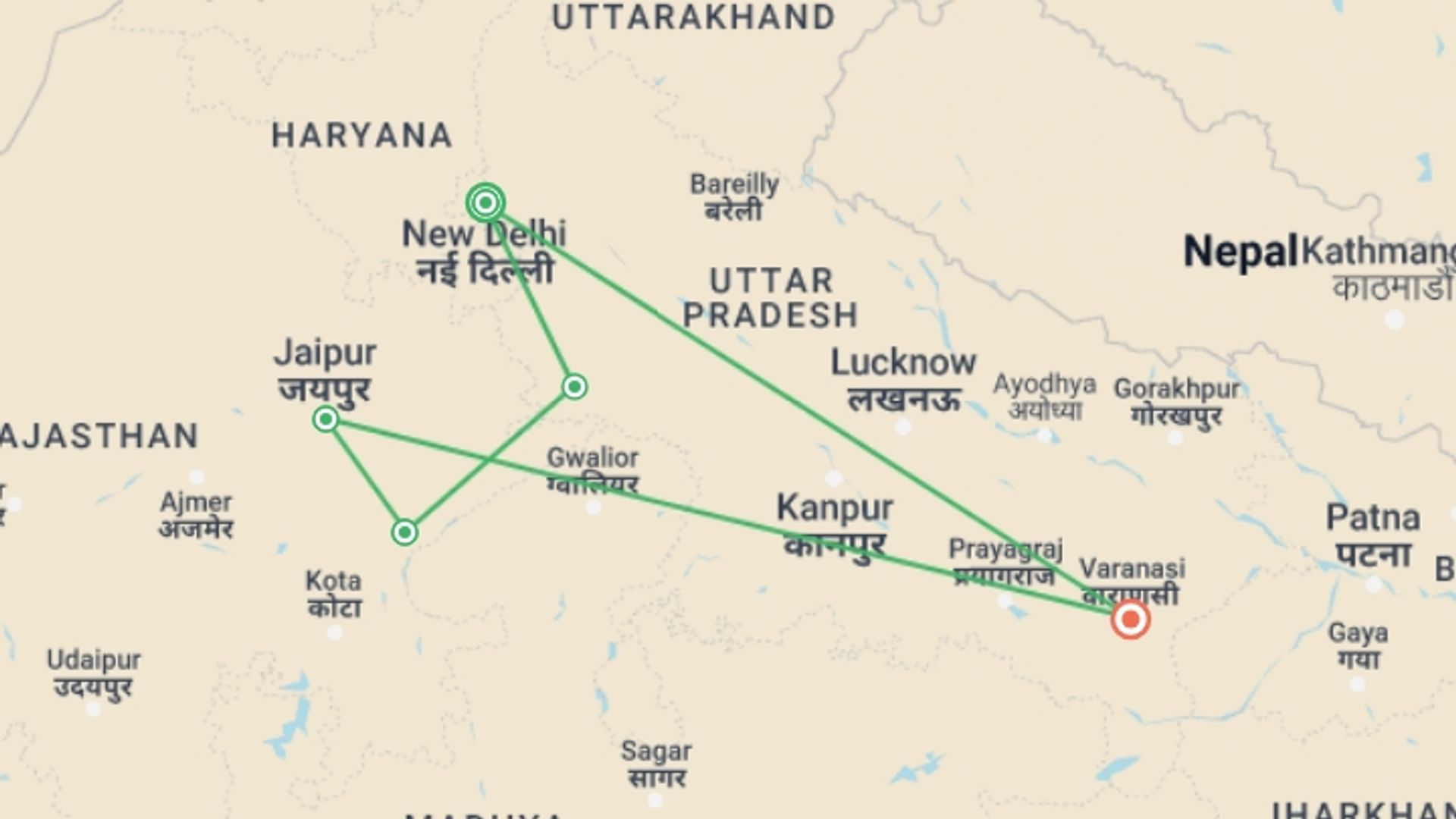 A map showing the tour itinerary for the trip: Golden Triangle with Ranthambore and Varanasi, starting in New Delhi, India and ending in Varanasi, India going through 4 other destinations.