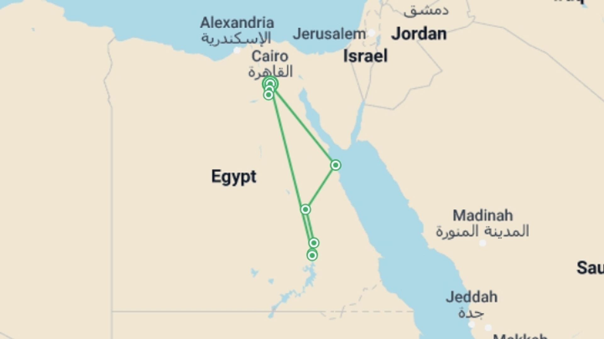 A map showing the tour itinerary for the trip: Nile Jewel 5* Nile Cruise, starting in Cairo, Egypt and ending in Cairo, Egypt going through 5 other destinations.