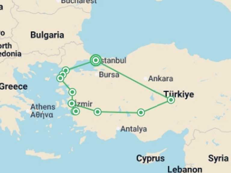Map of 11-Day Cappadocia Tour with 5 destination visits for the trip: Treasures of Turkey - 11 days
