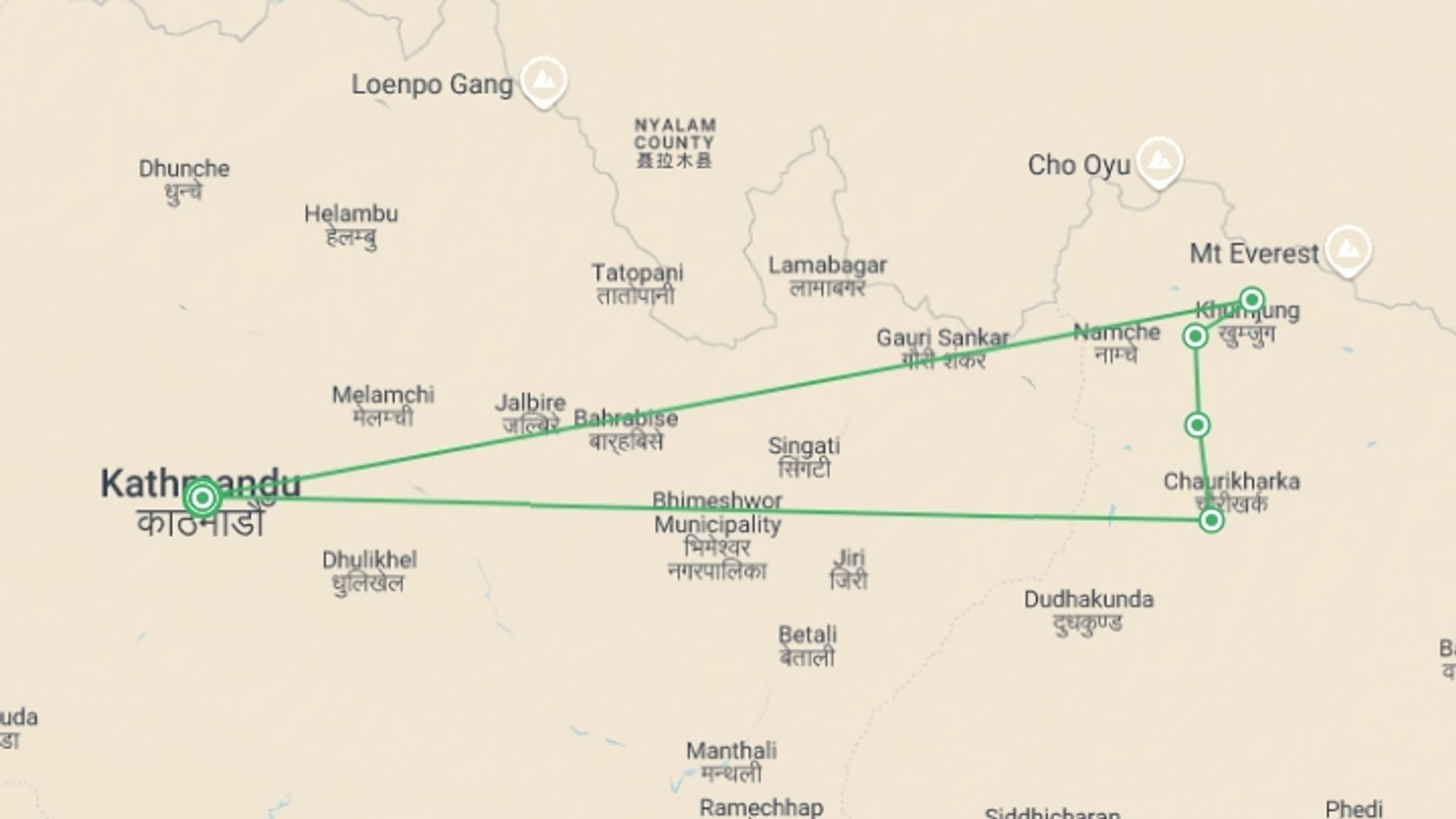 A map showing the tour itinerary for the trip: Lobuche Peak Climbing, starting in Kathmandu, Nepal and ending in Kathmandu, Nepal going through 4 other destinations.