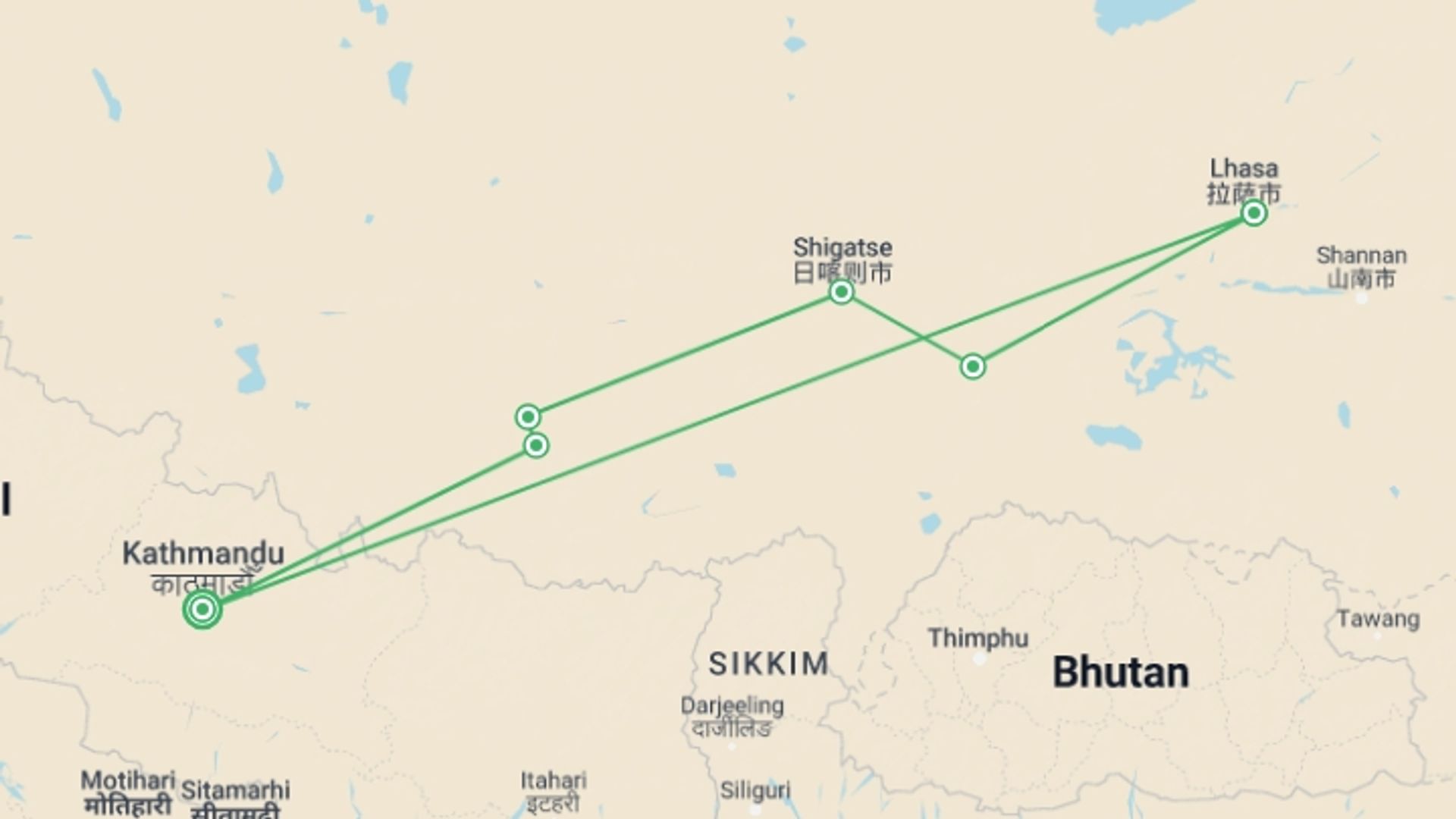 A map showing the tour itinerary for the trip: Tibet Overland Tour on a Budget, starting in Kathmandu, Nepal and ending in Kathmandu, Nepal going through 5 other destinations.