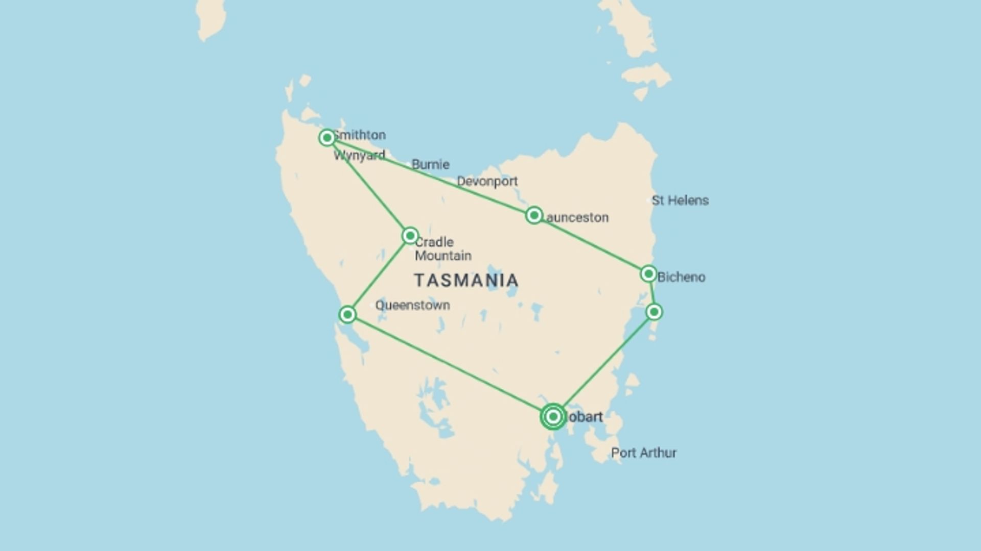 A map showing the tour itinerary for the trip: Ultimate Tasmania, starting in Hobart, Australia and ending in Hobart, Australia going through 6 other destinations.