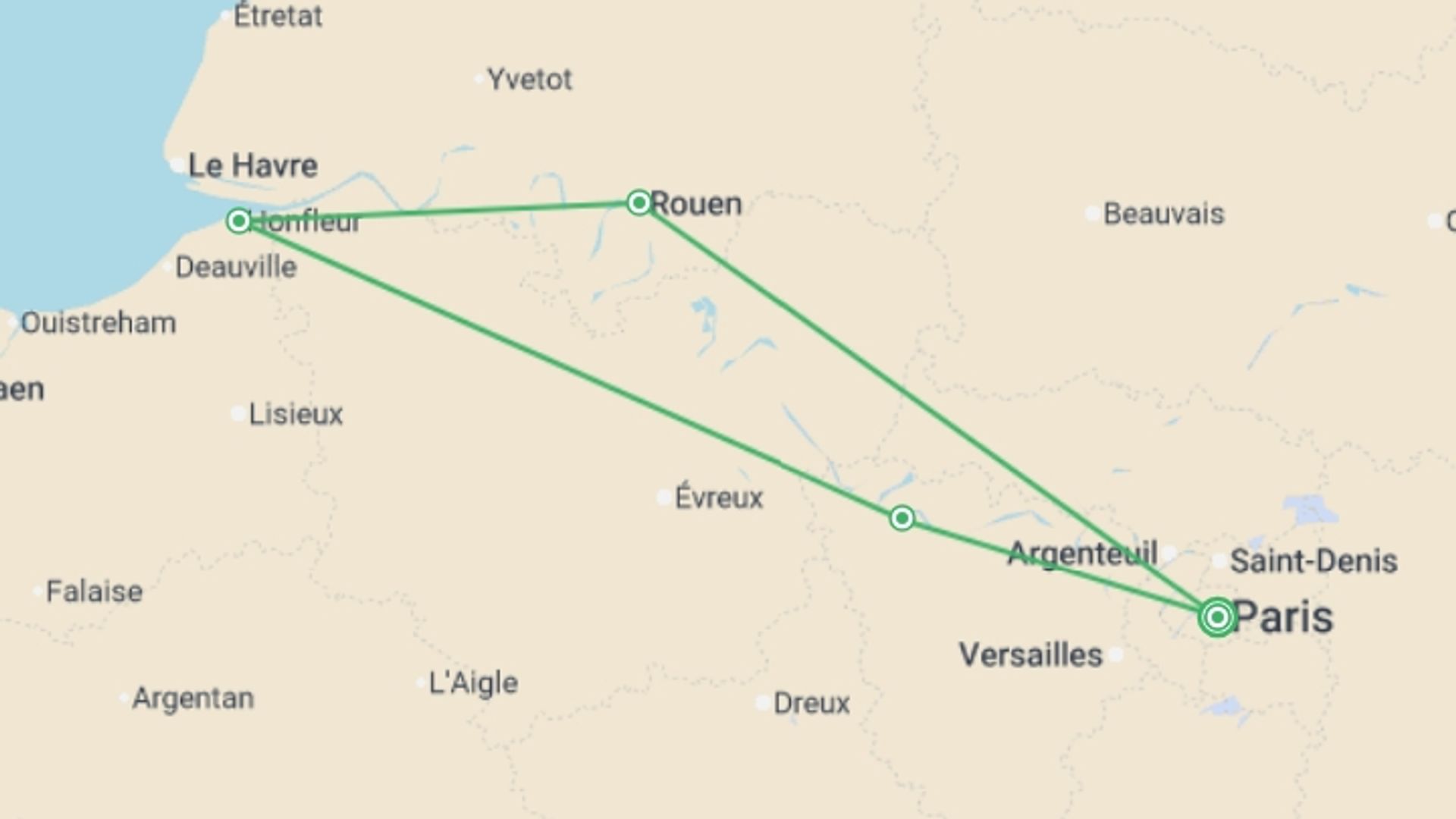A map showing the tour itinerary for the trip: The Seine Valley, its must-see stopovers, and the Armada of Rouen (port-to-port cruise), starting in Paris, France and ending in Paris, France going through 3 other destinations.
