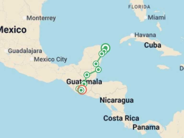 Map itinerary of North America Tour in June 2026 with 10 destination visits for the trip: Mexico, Belize & Guatemala Adventure  - 18 days