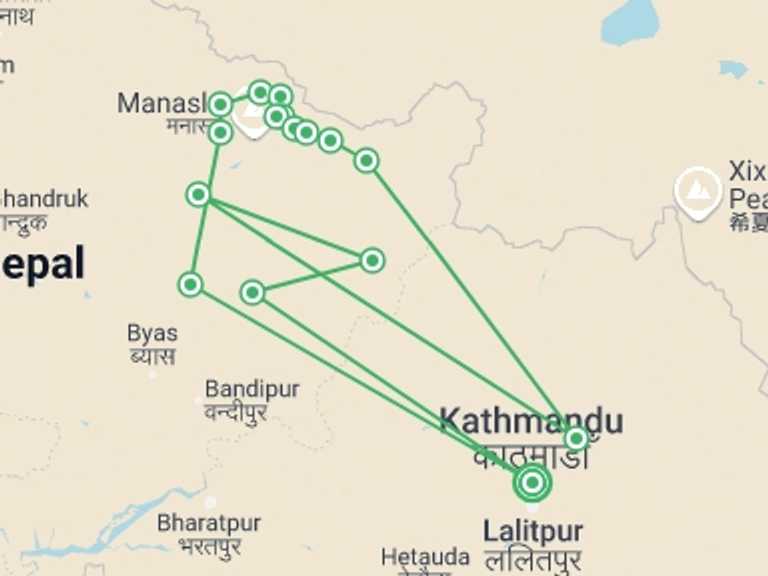 Map of 20-Day Kathmandu Tour with 17 destination visits for the trip: Manaslu Circuit & Base Camp Trek