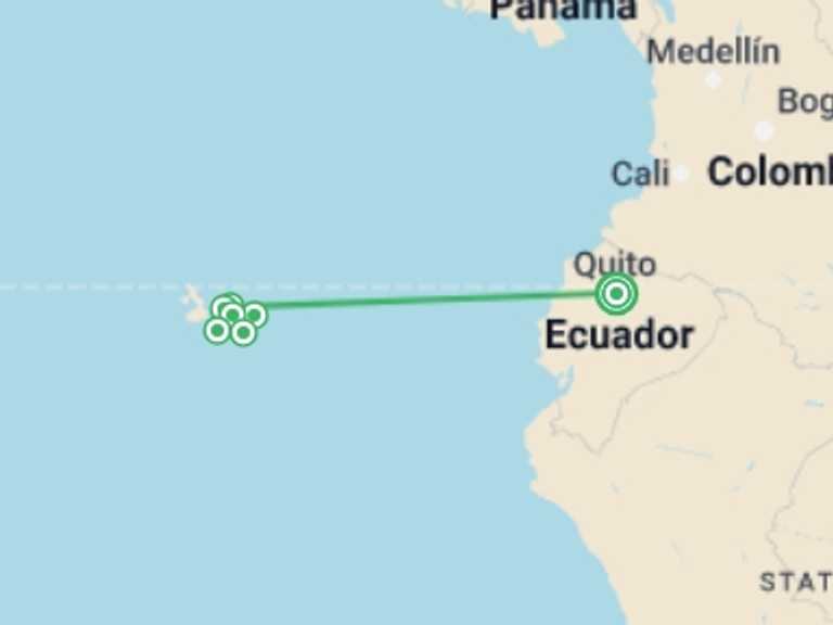 Map itinerary of Quito Tour in January 2027 with 6 destination visits for the trip: Galápagos — South & East Islands aboard the Eden