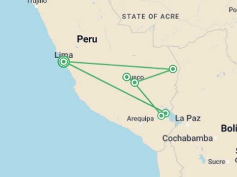 Map of Lima Tour with 7 destination visits for the trip: Inca Trail & the Amazon Rainforest