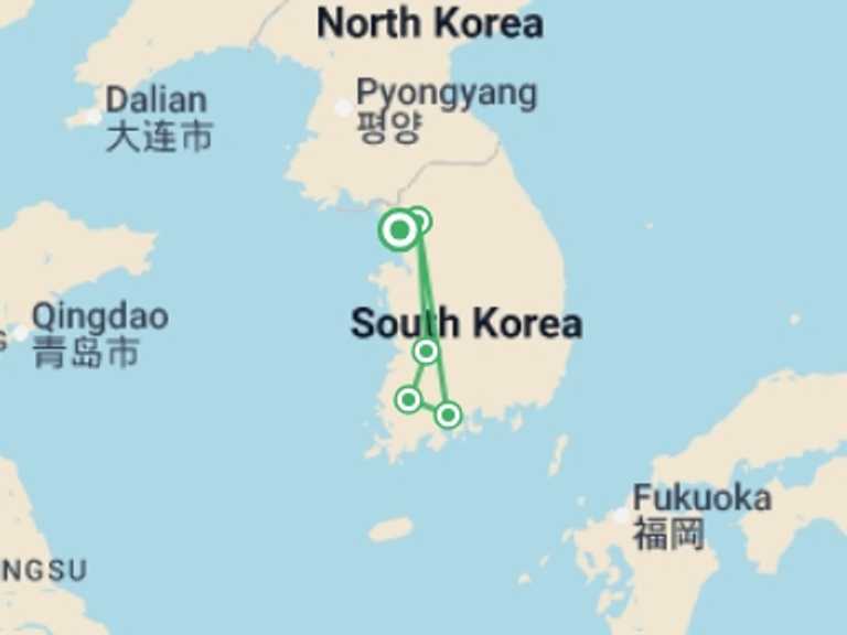 Map of East Asia Explorer Tour with 5 destination visits for the trip: Korean Heritage & Culinary Journey - 6 days