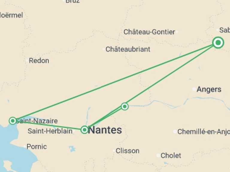Map itinerary of Mediterranean Tour in October 2026 with 4 destination visits for the trip: Whispers of the Loire: A Cruise Through Heritage and Legends (port-to-port cruise)