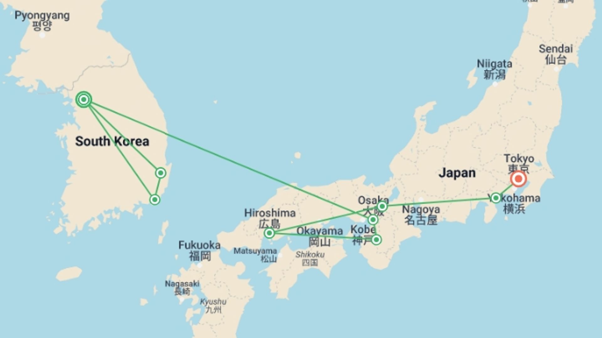 A map showing the tour itinerary for the trip: Korea & Japan Encompassed, starting in Seoul, South Korea and ending in Tokyo, Japan going through 7 other destinations.