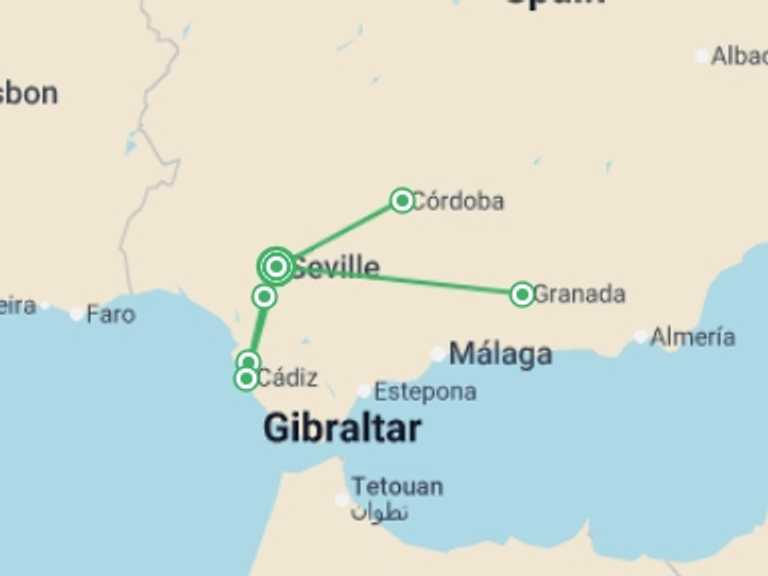 Map of Seville City sightseeing Tour with 3 destination visits for the trip: Andalusia: Tradition, Gastronomy and Flamenco (port-to-port cruise)