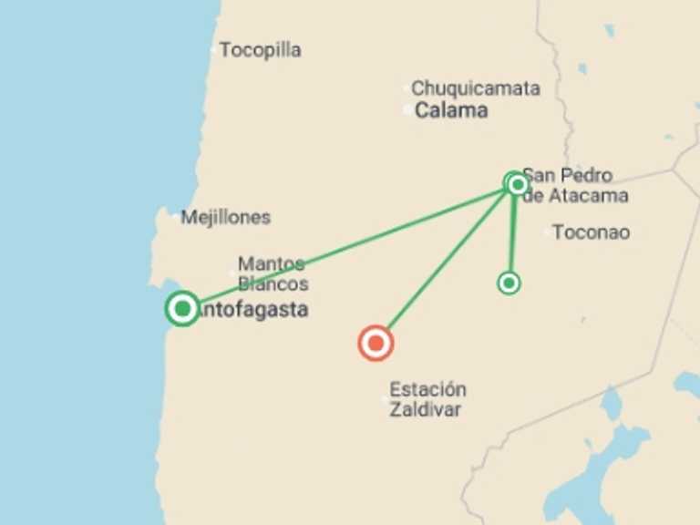 Map of Chile Tour with 5 destination visits for the trip: 5-Day Trip Best of San Pedro de Atacama