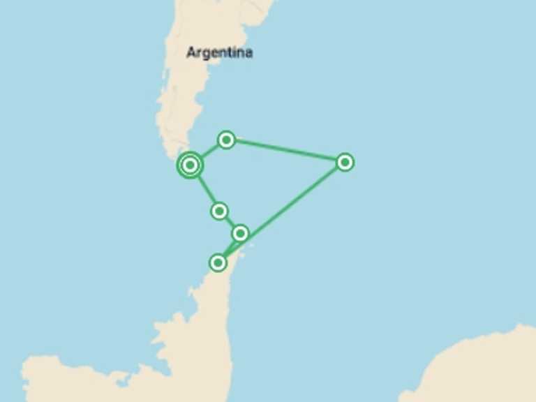 Map of South America Tour with 6 destination visits for the trip: Falkland Islands, South Georgia & Antarctica (Ocean Victory)